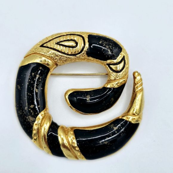 Serpent Snake Brooch Vintage Chunky Paisley Black Enamel Gold Tone Statement Pin - Picture 2 of 8